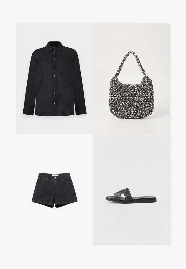 Chemise noire à manches longues avec boutons, col et une poche poitrine, présentée sur un fond gris clair.; Short en jean noir avec bouton et fermeture éclair à l'avant, design à cinq poches et passants de ceinture, présenté sur fond blanc.; Sandale en cuir noir à semelle plate, dotée de deux brides croisées et de coutures blanches contrastées. Design simple à bout ouvert.; Sac en osier noir et blanc de forme arrondie, avec une surface texturée et une poignée tressée. Convient à un usage décontracté.