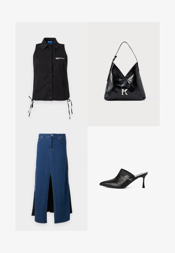 Čierna košeľa bez rukávov na gombíky s golierom, bočnými šnúrkami a bielym logom "KARL LAGERFELD JEANS" na ľavej strane hrudníka.; Džínová sukňa s modrým predným dielom so rozparkom, čiernou látkou na zadnej strane a bežným opaskom s kovovým gombíkom a stehmi.; Čierne kožené muly s špicatou špičkou a ihlovým podpätkom. Obsahuje široký pás s strieborným písmom na boku. Hladká textúra.; Čierna lakovaná kožená kabelka na rameno s jedným popruhom a strieborným logom "K" vpredu na svetlom jednofarebnom pozadí.