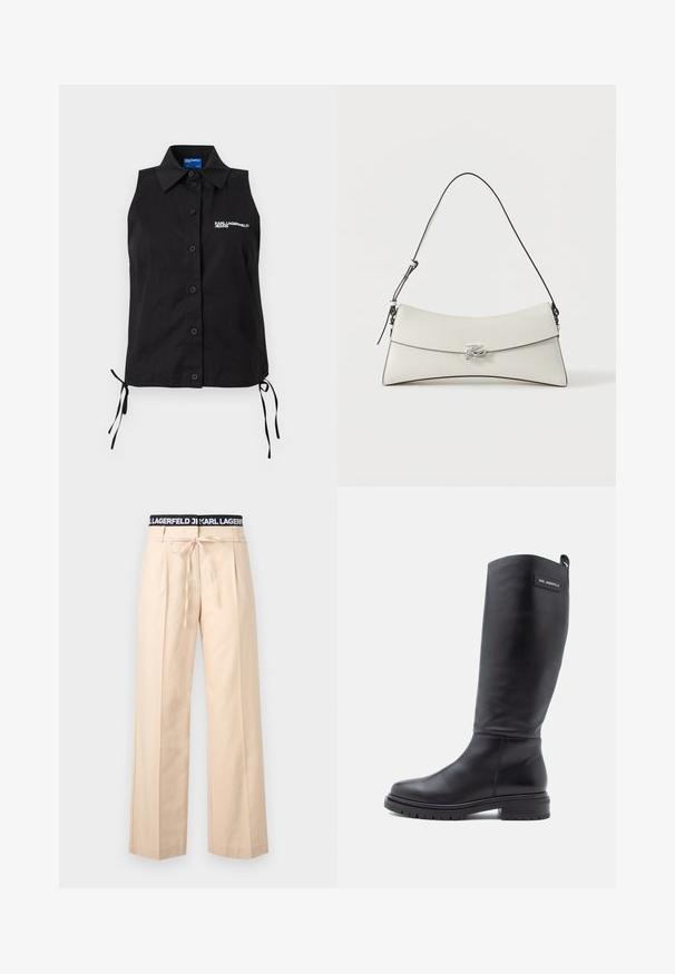 Chemisier noir sans manches à boutons, avec col, liens sur les côtés et logo blanc "KARL LAGERFELD JEANS" sur la poitrine gauche.; Pantalon beige à jambes larges avec plis, cordon de serrage à la taille et ceinture élastique noire ornée du texte blanc "KARL LAGERFELD".; Botte noire en cuir haut avec un petit talon carré, semelle crantée et une petite étiquette rectangulaire près du haut affichant le nom de la marque.; Sac à bandoulière en cuir blanc avec rabat incurvé, bordure noire, sangle réglable et boucle décorative argentée sur fond uni.