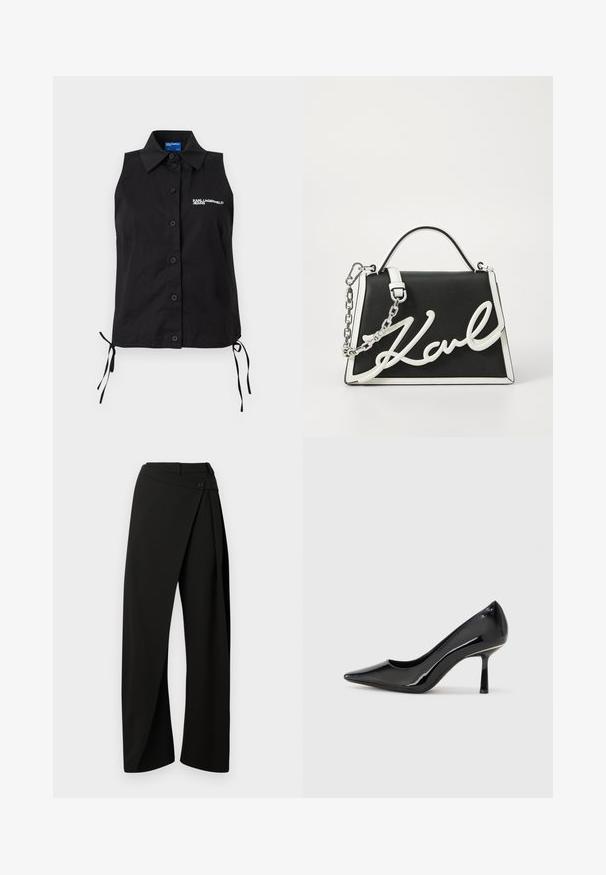 Camisa negra sin mangas con botones, cuello, lazos laterales y logo blanco "KARL LAGERFELD JEANS" en el lado izquierdo del pecho.; Pantalones negros de pierna ancha con un panel envolvente en el frente y un cierre de botón en la cintura, mostrados sobre un fondo blanco.; Zapato de tacón alto de charol negro con punta afilada, diseño elegante y tacón de aguja delgado, que presenta una textura suave y brillante.; Bolso de mano de cuero negro con acentos blancos. Presenta una correa de cadena, forma estructurada y un destacado detalle del logo en blanco. Textura suave.