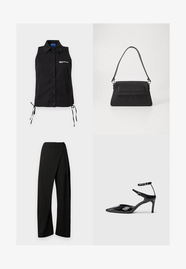 Camisa negra sin mangas con botones, cuello, lazos laterales y logo blanco "KARL LAGERFELD JEANS" en el lado izquierdo del pecho.; Pantalones negros de pierna ancha con un panel envolvente en el frente y un cierre de botón en la cintura, mostrados sobre un fondo blanco.; Tacones de charol negros con puntera puntiaguda, correas ajustables en el tobillo y un tacón delgado. Textura suave con un acabado brillante.; Bolso de mano negro con una superficie texturizada, una solapa con cierre de pliegue y un logotipo en relieve, además de una correa de hombro delgada. Forma rectangular con acentos angulares.