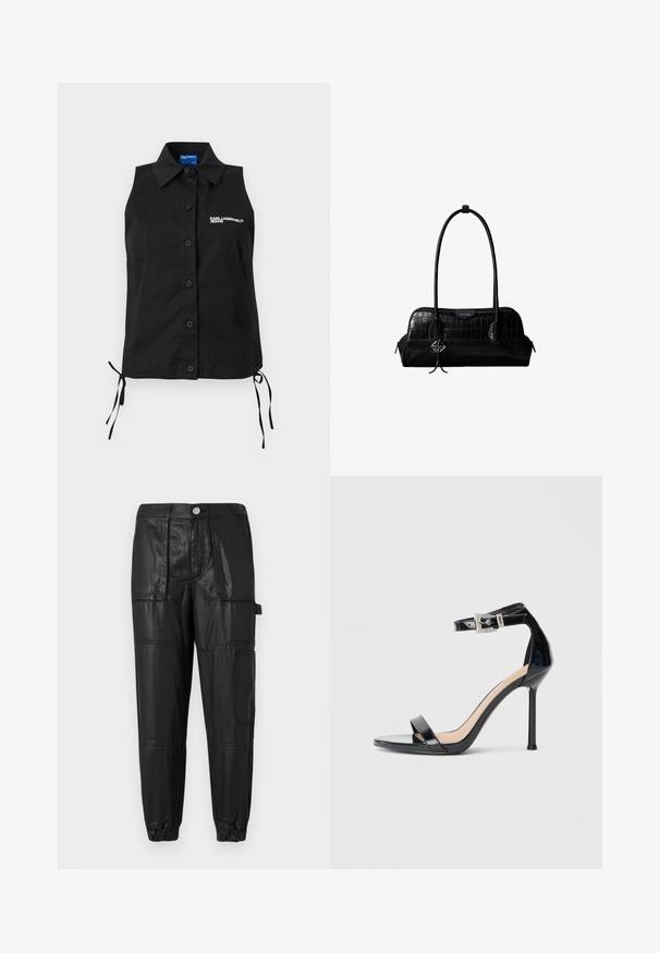 Zwart mouwloos overhemd met knopen, kraag, zijsstrikken en een wit "KARL LAGERFELD JEANS" logo op de linkerborst.; Zwarte leren broek met een elastische tailleband, taps toelopende manchetten en meerdere zakken. De stof heeft een licht glanzende afwerking.; Zwarte sandalen met hoge hak van lakleer en een enkelriempje. Heeft een minimalistisch ontwerp, open teen en een gesp met strass-steentjes.; Zwarte schoudertas van leer met krokodillenstructuur, lange banden en een klein zilveren logohanger aan één band.