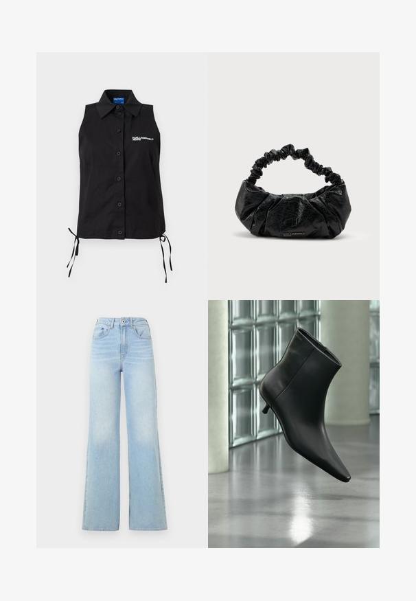 Čierna košeľa bez rukávov na gombíky s golierom, bočnými šnúrkami a bielym logom "KARL LAGERFELD JEANS" na ľavej strane hrudníka.; Svetlomodré džíny s vysokým pásom a širokou nohavicou. Obsahujú päť vreciek a zapínanie na gombík, vyrobené z denimovej látky s jemným vyšúchaním.; Čierna kožená členková čižma so špicatou špičkou a nízkym kitten podpätkom, zobrazená šikmo na pozadí leštenej podlahy a steny zo sklenených blokov.; Čierna textúrovaná kožená kabelka so zúženou elastickou rukoväťou a jemným logom "Karl Lagerfeld Jeans" na prednej dolnej strede.