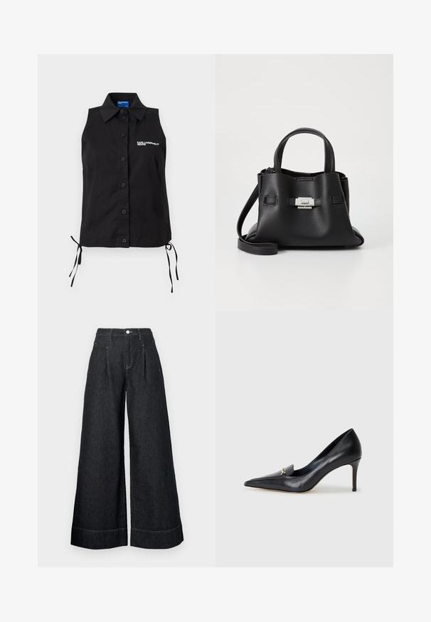 Camisa negra sin mangas con botones, cuello, lazos laterales y logo blanco "KARL LAGERFELD JEANS" en el lado izquierdo del pecho.; Pantalones de mezclilla negros de pierna ancha con cintura alta, que presentan pliegues frontales, un cierre de botón y costuras en contraste en los dobladillos.; Zapato de piel negra con punta afilada, escote bajo y un detalle decorativo dorado. Cuenta con un tacón de aguja y textura suave.; Bolso de mano de cuero negro con un acabado texturizado, que cuenta con dos asas superiores, una correa de hombro desmontable y un detalle de broche plateado.
