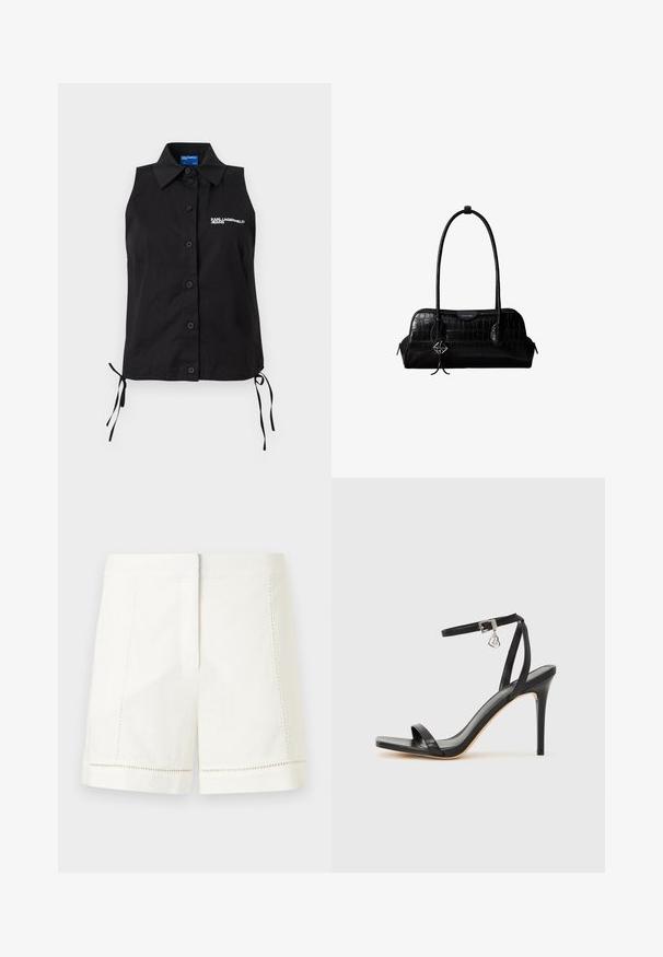 Chemisier noir sans manches à boutons, avec col, liens sur les côtés et logo blanc "KARL LAGERFELD JEANS" sur la poitrine gauche.; Shorts en lin blanc avec un design structuré, comprenant des poches latérales et des surpiqûres décoratives le long de l'ourlet. Texture lisse, coupe ajustée.; Sandale à talon haut noire avec une bride étroite à la cheville, bout carré, cuir lisse et accent de boucle métallique.; Sac à épaule en cuir noir à texture crocodile, avec de longues sangles et un petit charm logo argenté sur une sangle.