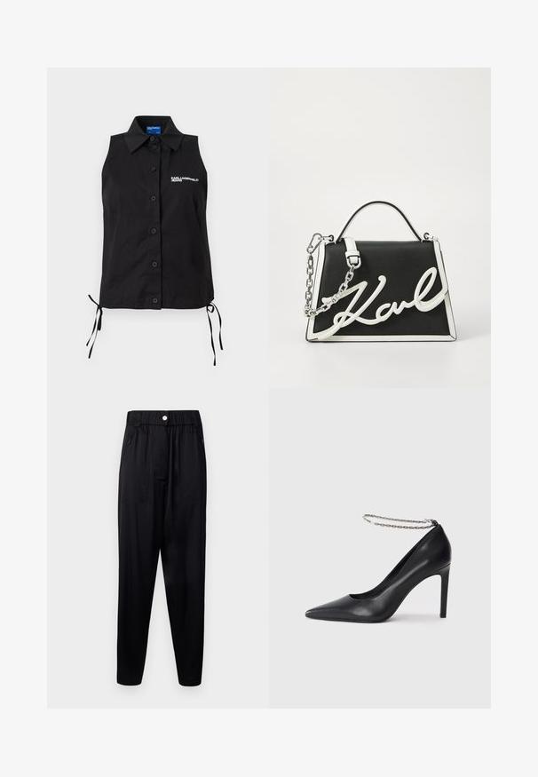 Varrukateta must nööpidega särk kraega, külgedel paelad ja valge "KARL LAGERFELD JEANS" logo vasakul rinnal.; Mustad mustad kergest, sileda kangast. Omab elastset vööd, külgtaskuid ja kitsenevaid säärte, et tagada mugavus.; Must musta kõrged kontsad mustast nahast, terava varbaga, millel on õhuke hõbedane kett jalaümber ja sile, läikiv tekstuur.; Mustmust mustkott, millel on valged aktsendid. Omab ahel-rihma, struktureeritud kujundust ja silmapaistvat valget logo detaili. Sile tekstuur.