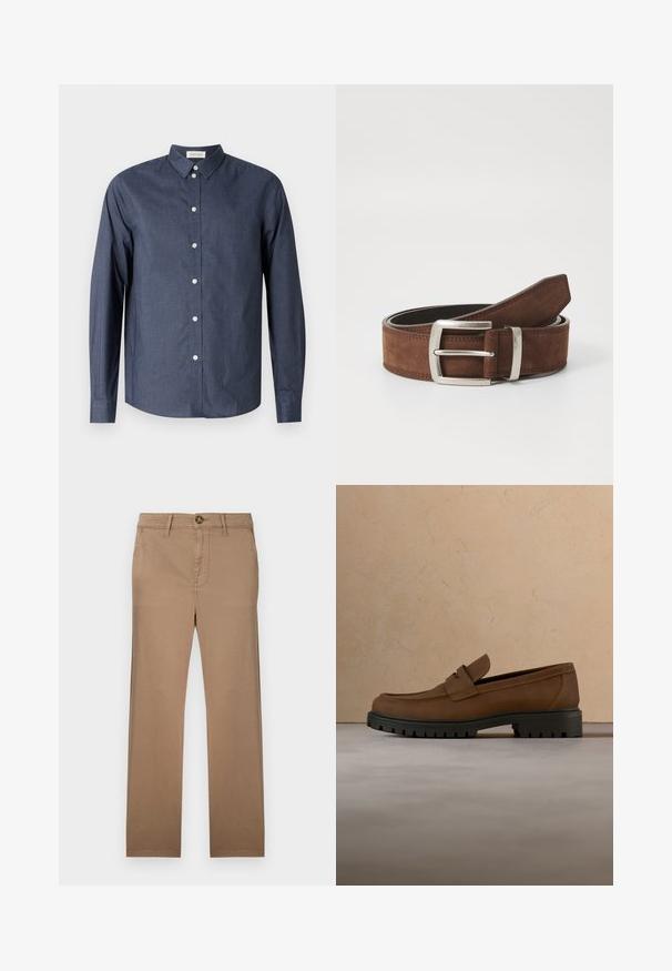 Mørkeblå langærmet skjorte med knaplukning lavet af glat stof; har en klassisk krave, hvide knapper og en buet kant.; Khaki chinos med en lige ben-design, lavet af blødt bomuldsstof, med en enkelt knaplukning og bæltestropper.; Mørkebrune læderloafer med tyk sort gummisål vist over en beige tæppe- og sofa baggrund.; Brun ruskindsbælte med en sølvmetalspænde og linær syning. Bæltet er fladt og har en klassisk bredde og form.