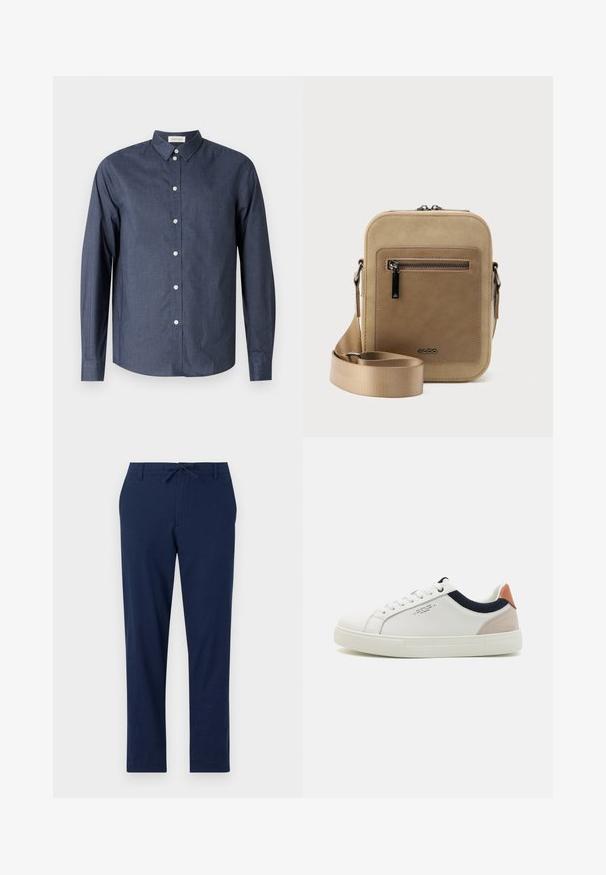 Camisa de botón de manga larga en azul marino, confeccionada en tejido suave; presenta un cuello clásico, botones blancos y un dobladillo curvado.; Pantalones azul marino de material ligero con cintura ajustable y perneras estrechas, que cuentan con bolsillos delanteros y traseros.; Zapatillas blancas de cuero con un diseño de caña baja, acento en tela azul marino en el cuello y una lengüeta de talón de ante rosa claro. Suela de goma.; Bolso pequeño beige tipo bandolera con bolsillo frontal con cremallera, logo metálico de ALDO, correa ancha ajustable y forma rectangular redondeada sobre fondo blanco.