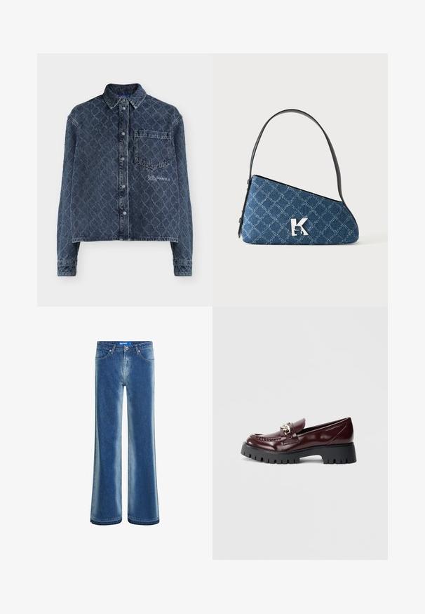 Σκούρο μπλε denim μπουφάν με διακριτικό μοτίβο διαμαντιού σε όλη την επιφάνεια, μπροστινά κουμπιά με σούστα, τσεπάκι στο στήθος και κείμενο "KARL LAGERFELD JEANS" στο τσεπάκι.; Μπλε τζιν με φαρδιά γραμμή, ξεβαμμένο πλύσιμο, μπροστινό κούμπωμα με κουμπί και φερμουάρ, θηλιές για ζώνη και σχέδιο πέντε τσεπών.; Σκούρο μοβ μπορντό δερμάτινο μοκασίνι με χοντρή μαύρη σόλα και ασημένια αλυσίδα στην κορυφή, παρουσιάζεται σε απλό φωτεινό φόντο.; Μπλε ραμμένη τσάντα ώμου από τζιν με μαύρο λουράκι και ασημένιο λογότυπο "K" μπροστά, εμφανίζεται σε απλό λευκό φόντο.