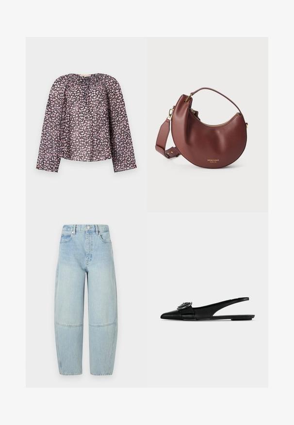 Blouse noire en transparence avec des manches longues, ornée d'un motif floral de fleurs roses et blanches, avec un col froncé et une coupe ample.; FRAME THE TWISTED - Jean boyfriend - light blue; Ballerine slingback en cuir noir à bout pointu, avec une large bride et une boucle métallique ronde sur le dessus.; Sac à main en cuir marron en forme de croissant avec fermeture éclair dorée et bandoulière réglable sur fond blanc.