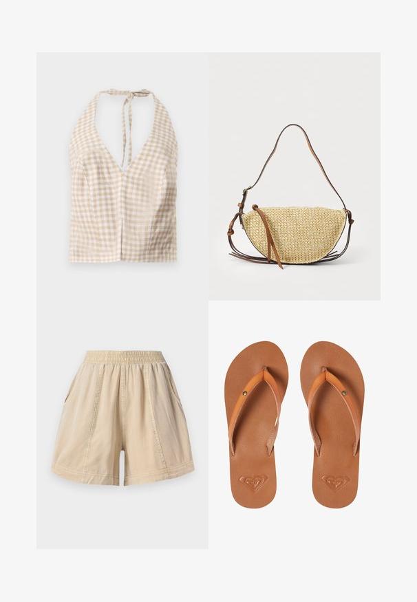 Beige en witte geruite geknipte haltertop met een diepe V-hals, striksluiting aan de achterkant en een lichte textuur. Twee kleine naden aan de voorkant voegen detail toe.; Beige elastische taille shorts met zijzakken en zichtbare naden, gemaakt van lichte stof.; Bruine synthetische flip-flops met oranje banden, een gestructureerd oppervlak en een reliëf hartlogo op de zool.; Geweven stro handtas in de vorm van een halve maan, met een bruine leren schouderband en accenten. Getextureerde, natuurlijke kleur met gladde randen.