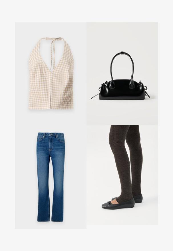 Béžová a biela kostkovaná crop halter top s hlbokým V-výstrihom, viazaním na chrbte a jemnou textúrou. Dve malé predné švy pridávajú detail.; Modré rifľové rozšírené džínsy s piatimi vreckami, zipsom a vyblednutou textúrou. Obsahujú akcenty v podobe šitia a štandardný pás.; Nohy v tmavých pásikavých legínach v kombinácii s čiernymi balerínkami s malými mašličkami na bielom pozadí.; Malá čierna lesklá kabelka s dvoma dlhými rúčkami a bočnými šnúrkovými detailmi na jednoduchom svetlom pozadí.