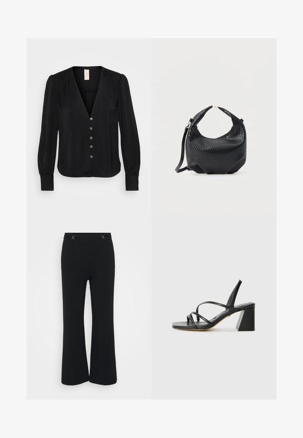 Blouse noire à manches longues avec un col en V, présentant de subtils plis, six boutons décoratifs et des poignets ajustés. Texture de tissu lisse et doux.; Pantalons noirs évasés en tissu doux avec une taille plate présentant deux accents décoratifs en argent à l’avant, texture lisse et sans poches.; Sandales noires à talons avec un bout carré, présentant plusieurs fines bretelles et un talon bloc géométrique. Texture en cuir lisse et design minimaliste.; Sac à main en cuir tressé noir avec poignée courte et bandoulière amovible, présenté sur un fond clair uni.