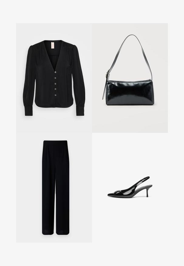Sort langærmet bluse med V-hals, der har subtile plisseringer, seks dekorative knapper og tætsiddende manchetter. Glat, blød stoftekstur.; Vero Moda Petite VMLIVA SUPER WIDE PANTS - Bukser - black; Sorte laklæder slingback hæle med spidse tæer og en blank finish. Har en slank hæl og en rund detalje ved vampen.; Sort rektangulær skuldertaske med en enkelt justerbar rem og lynlås i toppen på en ensfarvet baggrund.