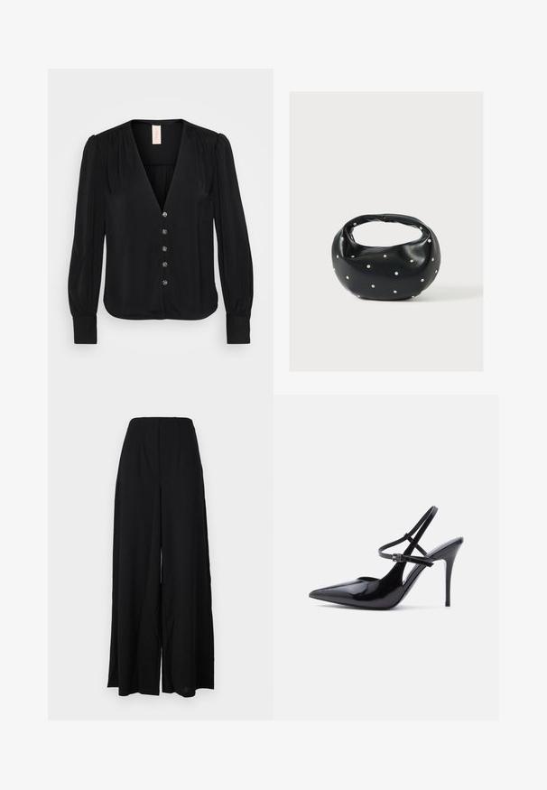 Blusa negra de manga larga con escote en V, que presenta pliegues sutiles, seis botones decorativos y puños ajustados. Textura de tela suave y lisa.; Pantalones de pierna ancha negros, confeccionados con una tela texturizada, que presentan una cintura alta con pliegues y bordes limpios para una silueta elegante.; Zapato de tacón alto de charol negro con punta puntiaguda, con dos finas correas ajustables en el tobillo y tacón de aguja, mostrado de lado.; Bolso de mano de cuero negro con forma redondeada, decorado con detalles de tachuelas plateadas y un asa corta. Textura lisa y cierre con cremallera.