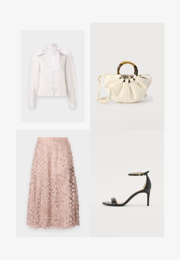 Witte blouse met lange mouwen en knopen, met subtiele verticale strepen en een grote strikdetail bij de hoge halslijn.; Lace midi-rok in zacht roze met bloemborduursels, voorzien van een aansluitende tailleband en gelaagd ontwerp, wat een delicate textuur benadrukt.; Zwarte leren hoge hak sandaal met enkelbandje. Heeft een gladde textuur, open teen en een dunne hak. Gouden gesp detail.; Crèmekleurige handtas met geplooide leren body, ronde handgrepen van schildpadmotief en goudkleurige ronde ringen, en een verstelbare schouderriem.