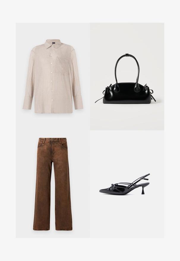 Gestreifte Hemdbluse in Beige mit weißen und blauen Linien, mit Kragen und Brusttasche; lange Ärmel mit knöpfbaren Manschetten.; Braune Weitbeinhosen aus Denim mit strukturiertem Finish, Knopf- und Reißverschlussverschluss sowie zwei vorderen Taschen.; Schwarzer Slingback-Pumps aus Lackleder mit spitzer Zehenpartie, niedrigem Kitten-Heel und dekorativer, geknoteter Schleife vorne.; Kleine schwarze glänzende Handtasche mit zwei langen Griffen und seitlichen Kordelzug-Details vor einfachem hellem Hintergrund.