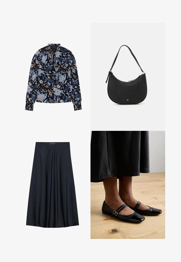 Langærmet bluse i sort stof med et blomstermønster i blå og ferskennuancer, med en nøglehul-udskæring og gathered ærmer.; Sort, knælang nederdel lavet af letvægtsstof med et svævende design. Har en glat tekstur og subtile plisseringer for en ekstra detalje.; Sorte laklæder flade sko med firkantet tå, der har to stropper med spænder. Sålerne er flade på et lyst trægulv.; Sort læderhåndtaske med en buet form, struktureret overflade, forreste syninger og et logo i guldfarve. Har en enkelt justerbar rem.
