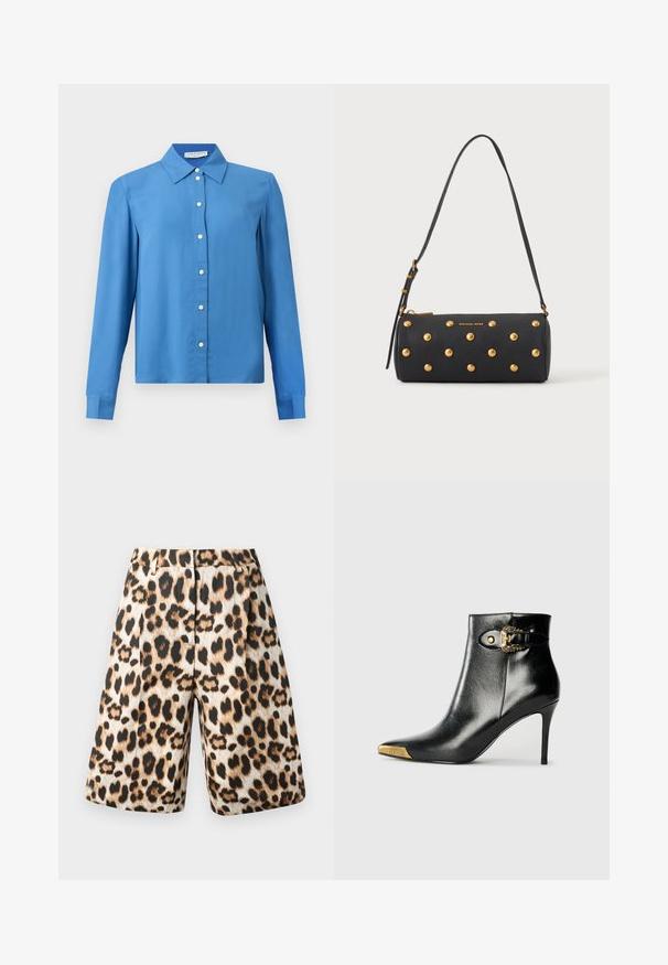Camisa azul de manga larga con botones, cuello puntiagudo y botones blancos, exhibida sobre un fondo liso.; Pantalones cortos con estampado de leopardo que presentan una mezcla de tonos beige y negro, diseño con pliegues y bolsillos laterales. Fabricados en una tela suave con un acabado brillante.; Botín negro hasta el tobillo fabricado en cuero brillante, con punta puntiaguda, tacón de aguja y detalles dorados con una hebilla decorativa.; Bolso de mano negro cilíndrico con tachuelas doradas y correa ajustable para el hombro, con el logo "Michael Kors" en dorado en la parte delantera.