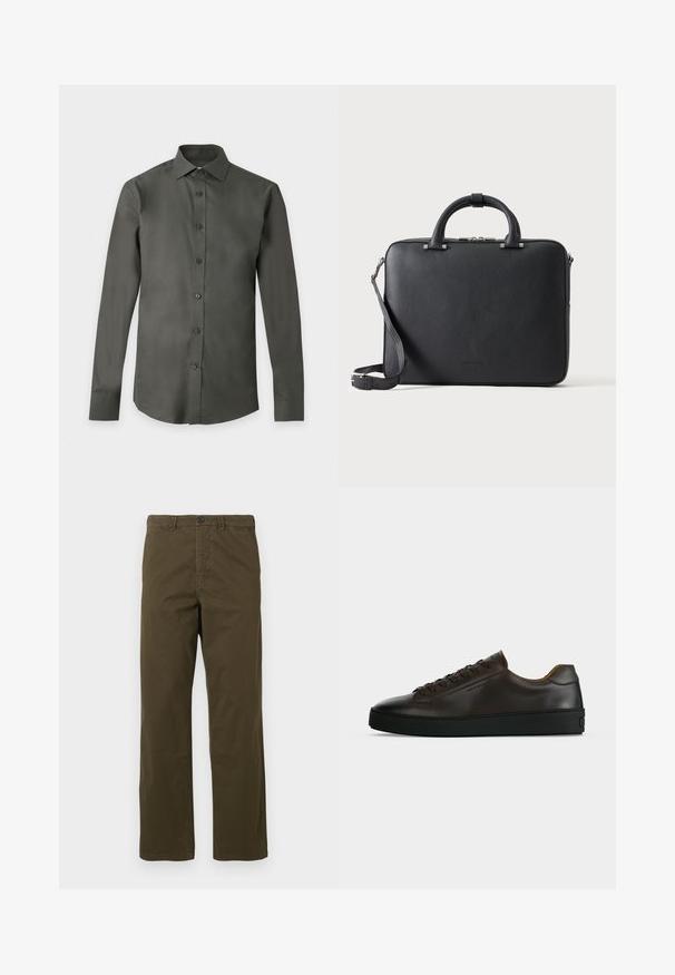 Chemise homme gris foncé à manches longues, boutonnée, avec col classique, présentée à plat sur un fond clair.; Pantalons en coton marron pour hommes, coupe droite, avec passants de ceinture, bouton frontal et fermeture éclair sur fond clair.; Baskets basses en cuir marron foncé avec semelle en caoutchouc noire, lacets à l'avant et design minimaliste épuré sur fond clair.; Mallette en cuir noir texturé avec double poignée, bandoulière amovible et fermeture éclair supérieure sur un fond clair uni.