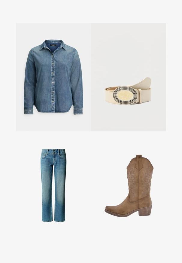 Denim overhemd met lange mouwen, knopen aan de voorkant en een puntkraag, gemaakt van licht verwassen blauwe stof.; Blauwe spijkerbroek met hoge taille, twee knopen aan de voorkant, voorzakken en een rechte pijp.; Tan cowboylaars met een spitse neus, decoratieve stiksels en verhoogde bladvormen. Beschikt over een gemiddelde blokhak en een gladde uitstraling.; Crèmekleurige leren riem opgerold met een ovale zilveren gesp met een crème-gehmarmerd midden en geperforeerde randdetails.