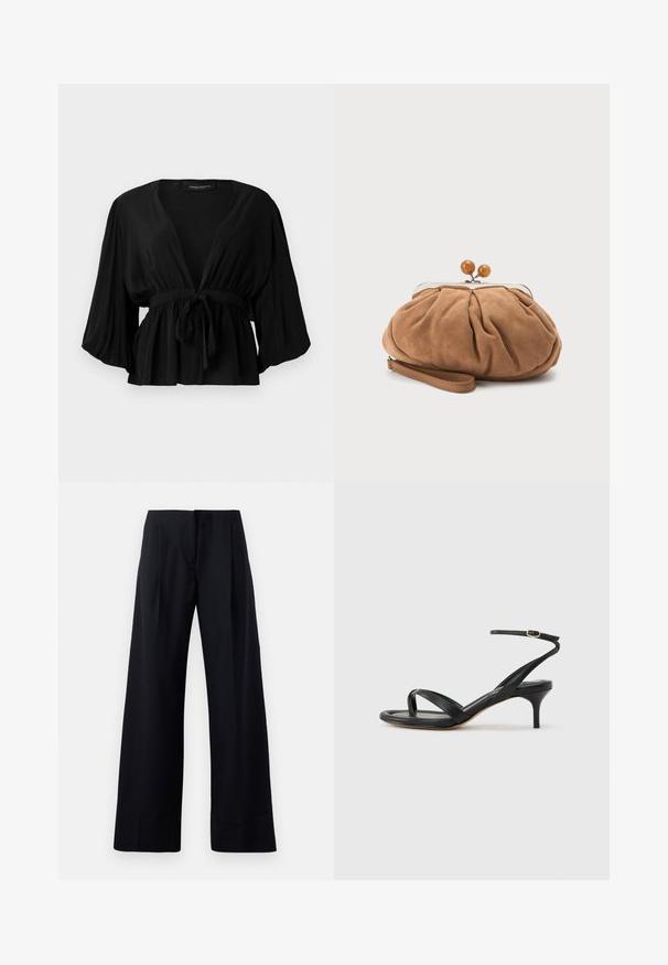 Blusa negra de tejido ligero, con un profundo escote en V, mangas anchas, un lazo en la cintura y un dobladillo acampanado.; Pantalones negros con rayas en pinstripe y un diseño de pierna ancha, que presentan pliegues marcados y un acabado limpio. Fabricados con una tela suave y liviana.; Sandalia negra de cuero para mujer con tiras finas, un lazo para el dedo del pie, hebilla en el tobillo y tacón de aguja de altura media sobre un fondo neutro.; Pequeño bolso de mano marrón suave de ante con tela fruncida, cierre metálico, detalles de cuentas de madera y correa para la muñeca sobre fondo blanco.