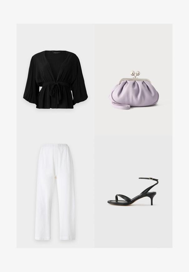 Blouse noire en tissu léger, avec un décolleté en V profond, des manches larges, un lien à la taille et un ourlet évasé.; Pantalons blancs amples avec une taille élastique, fabriqués en tissu texturé. Design à jambe droite avec des ourlets simples.; Sandale pour femme en cuir noir avec fines lanières, une boucle d'orteil, une boucle à la cheville et un talon aiguille de hauteur moyenne sur un fond neutre.; Pochette lavande douce avec tissu froncé, fermoir kiss-lock argenté et bracelet assorti sur un fond clair uni.