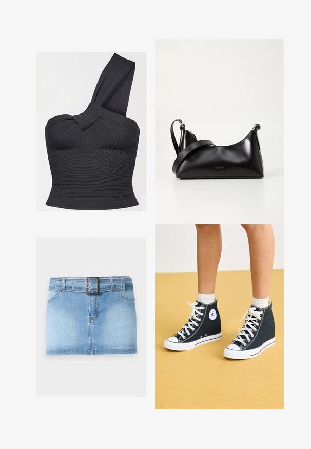 Sort ribbet crop-top med den ene skulder, detaljeret med snoet strop og tætsiddende silhuet.; Lyseblå denim mininederdel med forlommer, bæltestropper og et matchende denim bælte med en firkantet sølv spænde.; Høje sneakers i mørkeblåt kanvas med hvide gummisåler, snørebånd og detaljer. Har et rundt logo og hvide syninger.; Sort læderhåndtaske med en glat tekstur. Har en justerbar stropp og et enkelt, minimalistisk design med lynlås.