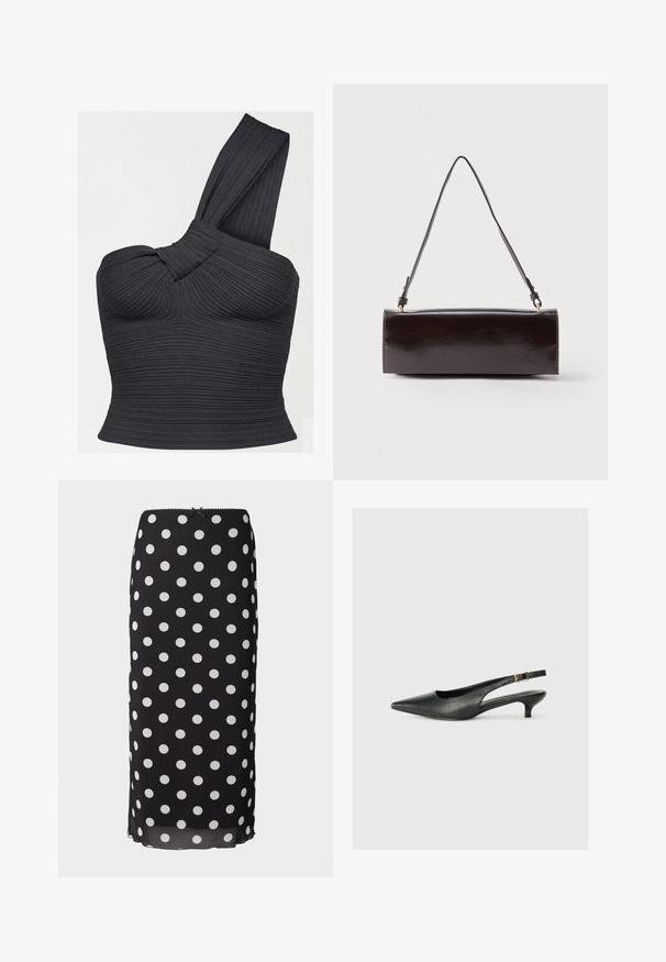 Zwart geribd cropped top met één schouder, gedraaide band en aansluitende pasvorm.; Zwarte midi-rok met polka dots, gemaakt van luchtige stof met witte cirkelpatronen, voorzien van een aansluitende tailleband en een subtiele scalloped rand.; Zwarte puntschoen met slingback van soepel leer. Kenmerkt zich door een dunne hak en een gespdetail op de verstelbare band.; Rechthoekige zwarte leren handtas met een enkele lange schouderband en een glanzende afwerking, weergegeven tegen een effen witte achtergrond.