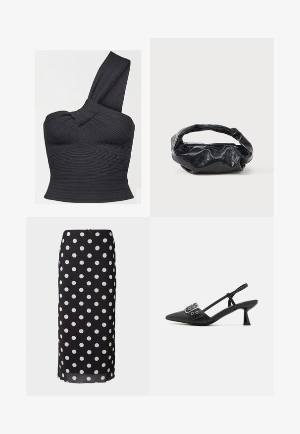 Sort ribbet crop-top med den ene skulder, detaljeret med snoet strop og tætsiddende silhuet.; Sort midiskirt med prikket mønster lavet af letvægtsstof med hvide cirkulære mønstre, som har en tætsiddende talje og en subtil scalloped kant.; Simmi London DALA - Pumps - black; Sort taske lavet af blankt, tekstureret materiale med et cirkulært, snoet håndtag og lynlås. Har et blødt, rynket design.