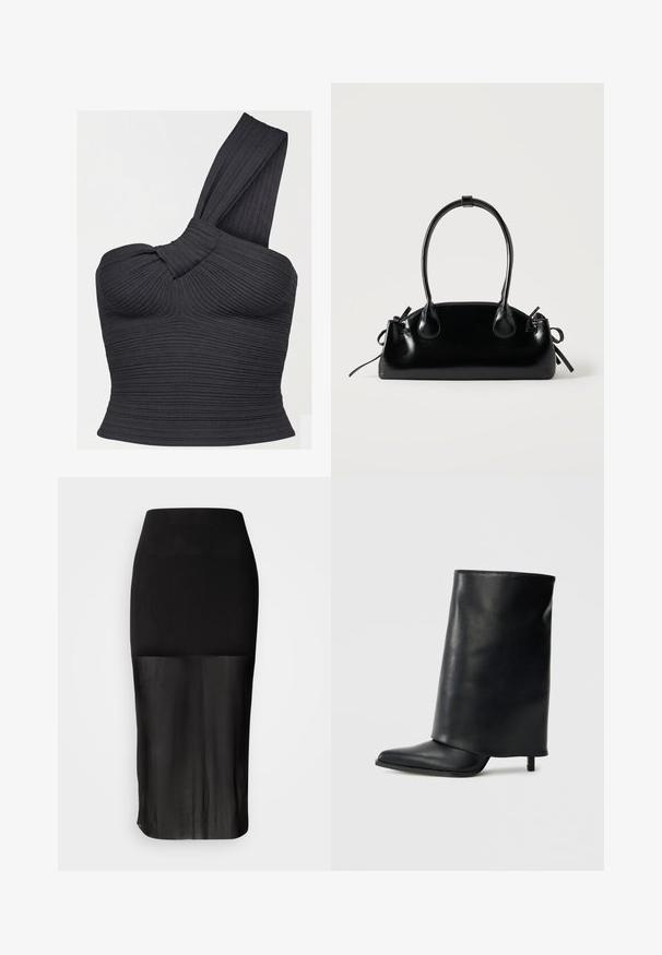 Zwart geribd cropped top met één schouder, gedraaide band en aansluitende pasvorm.; Zwarte midi-rok met een aansluitende tailleband, voorzien van een doorzichtige onderste paneel. Soepele textuur met een strakke silhoeet en geen zichtbare patronen.; Zwarte leren enkellaars met een gestructureerd, omgeslagen ontwerp, een spits toelopende neus en een dunne hak. Gladde textuur met minimale details.; Kleine zwarte glanzende handtas met twee lange hengsels en zijkant trekkoord details op een effen lichte achtergrond.