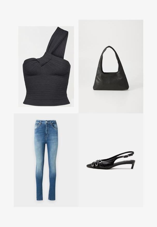Haut court noir côtelé à une épaule, avec détail de bretelle torsadée et silhouette ajustée.; Jeans skinny taille haute en denim bleu délavé avec un dégradé subtil. Caractéristiques d'un design classique à cinq poches et fermeture à bouton.; Chaussure slingback en cuir noir avec bout pointu, trois boucles argentées à l'avant et petit talon kitten sur fond blanc.; Sac à main en cuir noir de forme triangulaire, avec une grande poignée découpée et des coutures détaillées le long des bords. Texture lisse.
