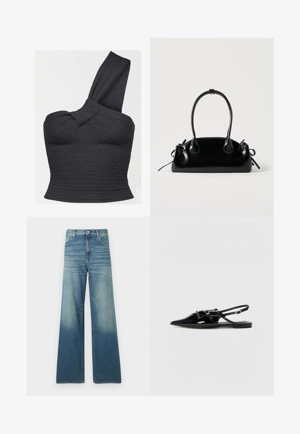 Haut court noir côtelé à une épaule, avec détail de bretelle torsadée et silhouette ajustée.; Jean en denim bleu taille haute avec une coupe large, poches avant, fermeture par boutons et détails délavés sur les cuisses et le bas des jambes.; Chaussures slingback en cuir verni noir avec un bout pointu, dotées de brides croisées et d'accents de quincaillerie dorée. Semelle plate.; Petit sac à main noir brillant avec deux longues anses et des détails à cordon sur les côtés sur un fond clair uni.