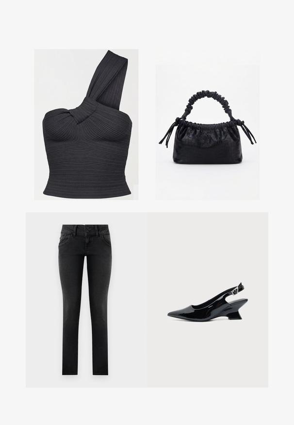 Sort ribbet crop-top med den ene skulder, detaljeret med snoet strop og tætsiddende silhuet.; Sorte denim skinny jeans med en to-knaps talje, frontlommer og en glat, tekstureret overflade. Standard snit, hel længde design.; Sort laklæder slingback sko med spids tå og lav vinklet blokhæl på ensartet lys baggrund.; Sort taske med krokodilletekstur, rynket øverste kant, samlet hank og snore med kvaster på hver side mod en hvid baggrund.