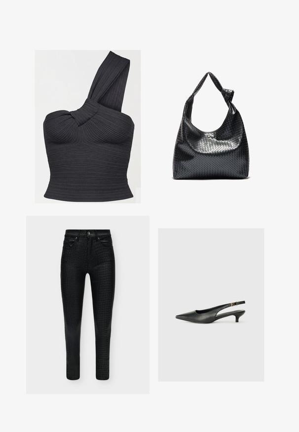 Haut court noir côtelé à une épaule, avec détail de bretelle torsadée et silhouette ajustée.; Pantalon skinny noir taille haute avec une subtile texture peau de crocodile, bouton à l'avant et poches.; Chaussure slingback noire à bout pointu en cuir lisse. Présente un talon fin et un détail de boucle sur la sangle réglable.; Sac à main en cuir tissé noir au design décontracté, avec une sangle nouée et une petite clou doré décoratif en haut.