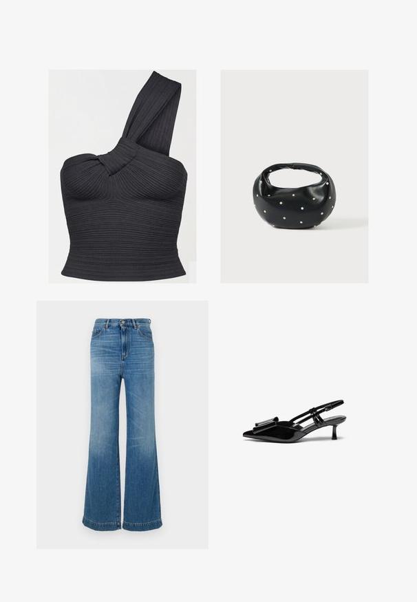 Čierny rebrovaný crop top s jedným ramenom, detailom skrúteného ramienka a priliehavým strihom.; Svetlomodré rozšírené džínsy vyrobené z denimu, s vysokým pásom, návrhom s piatimi vreckami a tónovým prešívaním s surovým lemom.; Čierne lakované kožené slingback opätky s špicatou špičkou, mašľou na prednej strane a malým ihličkovým podpätkom. Popruhy majú nastaviteľné spony.; Čierna kožená kabelka s zaobleným tvarom, zdobená striebornými cvočkami a krátkym rúčkou. Hladká textúra a zapínanie na zips.