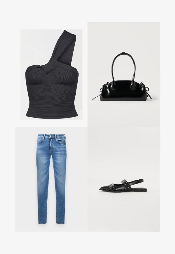 Sort ribbet crop-top med den ene skulder, detaljeret med snoet strop og tætsiddende silhuet.; Lyseblå denimjeans med slim fit. Funktioner inkluderer en knaplukning, fem lommer og en slidseffekt på lårene.; Even&Odd Slingback-ballerinasko - black; Lille sort blank håndtaske med to lange håndtag og snøre-detaljer i siden på en ensfarvet lys baggrund.