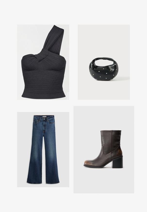 Schwarzes, geripptes Crop-Top mit einem Schulterriemen, verdrehtem Trägerdetail und figurbetonter Silhouette.; Weite Jeans aus dunkelblauem Denim mit hoher Taille, Fünf-Taschen-Design und kontrastierenden Nähten entlang der Nähte und des Bunds.; Dunkelbraune Lederstiefel in Knöchelhöhe mit runder Zehenpartie und Blockabsatz, die subtile Abnutzungserscheinungen an Zehen- und Fersenbereich zeigen.; Schwarze Lederhandtasche mit abgerundeter Form, verziert mit silbernen Nietenakzenten und kurzem Griff. Glatte Struktur und Reißverschlussverschluss.