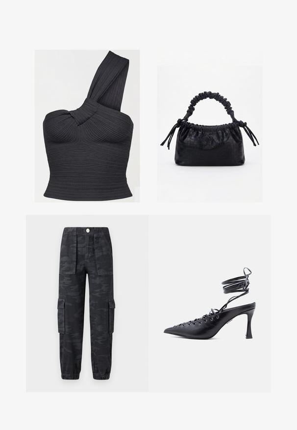 Schwarzes, geripptes Crop-Top mit einem Schulterriemen, verdrehtem Trägerdetail und figurbetonter Silhouette.; Cargo-Hosen im dunklen Camouflage-Muster, mit elastischem Bund, seitlichen Taschen und überschnittenen Säumen. Hergestellt aus strapazierfähigem Stoff.; Schwarzer spitz zulaufender High Heel mit Wickelriemen um den Knöchel und mehreren Ösen entlang der Vorderseite zum Schnüren.; Schwarze Handtasche mit Krokodilstruktur, gerafftem oberen Rand, zusammengezogenem Griff und Zugkordeln mit Quasten an jeder Seite vor weißem Hintergrund.