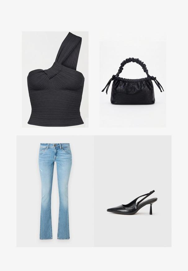 Schwarzes, geripptes Crop-Top mit einem Schulterriemen, verdrehtem Trägerdetail und figurbetonter Silhouette.; Helles blaufarbene Denim-Jeans im Schlagdesign mit leichtem Verblassen, distressed Knie-Detail, Fünf-Taschen-Design und einem Knopfverschluss an der Taille.; Schwarzer Leder Slingback High Heel Schuh mit spitzer Zehenpartie und schmalem Absatz auf einem weißen Hintergrund.; Schwarze Handtasche mit Krokodilstruktur, gerafftem oberen Rand, zusammengezogenem Griff und Zugkordeln mit Quasten an jeder Seite vor weißem Hintergrund.
