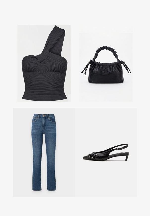 Čierny rebrovaný crop top s jedným ramenom, detailom skrúteného ramienka a priliehavým strihom.; Modré denimové džínsy so strihom rovného nohavice, vysokým pásom, piatimi vreckami a kontrastným šitím. Mäkká textúra s minimálnym vyblednutím.; Čierna kožená slingback obuv so špicatou špičkou, tromi striebornými prackami vpredu a nízkym kitten podpätkom na bielom pozadí.; Čierna kabelka s krokodíľou textúrou, riaseným horným okrajom, zhromaždenou rukoväťou a šnúrkami s strapcami na každej strane na bielom pozadí.