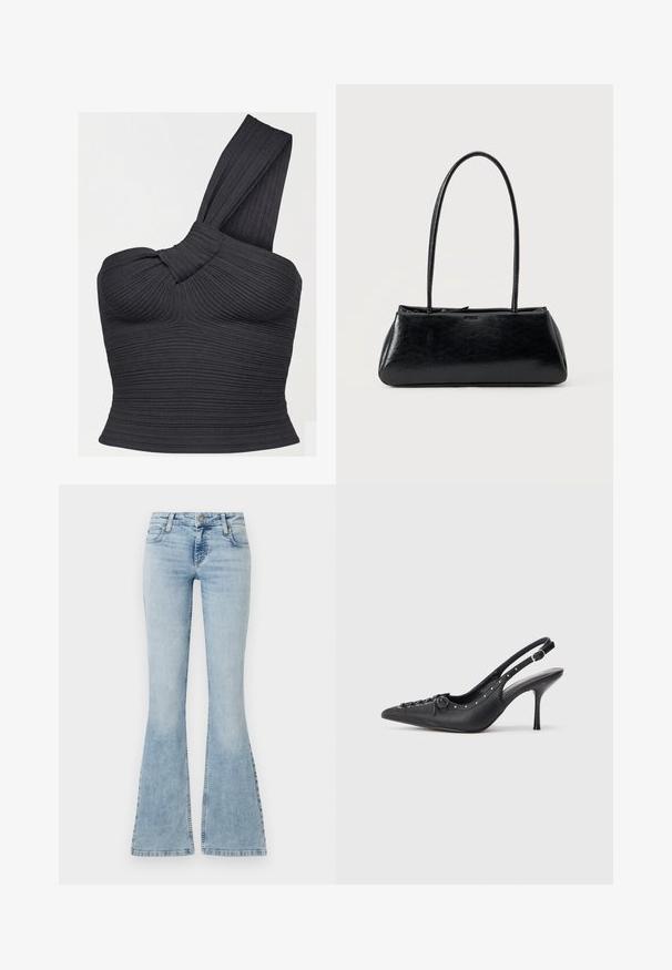Haut court noir côtelé à une épaule, avec détail de bretelle torsadée et silhouette ajustée.; Jean flare en denim bleu clair avec une taille mi-haute, cinq poches et des coutures bien marquées le long des bords, comportant un système de fermeture à bouton en métal.; Escarpin en cuir noir à talon aiguille avec un bout pointu, une bride latérale à boucle, des clous le long du bord et un laçage décoratif à l'avant.; Sac à épaule rectangulaire noir avec de longues bretelles fines et une texture lisse et brillante sur un fond uni.