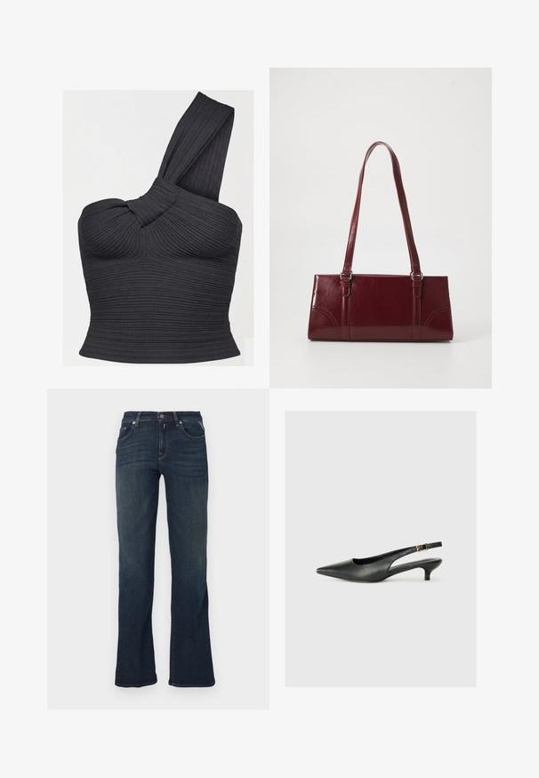 Haut court noir côtelé à une épaule, avec détail de bretelle torsadée et silhouette ajustée.; Jean en denim bleu foncé avec un design à jambe évasée, comportant cinq poches et des détails de couture contrastants. Texture lisse et taille standard.; Chaussure slingback noire à bout pointu en cuir lisse. Présente un talon fin et un détail de boucle sur la sangle réglable.; Sac à main bordeaux en matériau brillant, de forme rectangulaire, avec deux anses et des accents légèrement courbés à l'avant.
