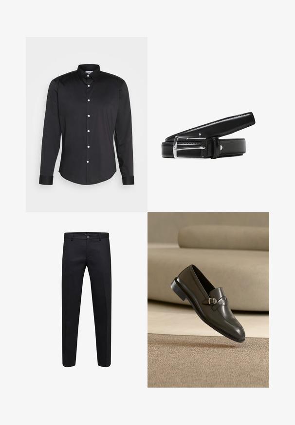 Camisa negra de manga larga hecha de tela suave, con cuello puntiagudo, cierre frontal de botones con botones blancos y puños de un solo botón.; Pantalones formales negros con cierre de botón y cremallera, corte recto y trabillas para cinturón, mostrados sobre un fondo blanco.; Mocasín negro de cuero con detalle de hebilla flotando sobre una alfombra beige, fondo de sofá beige, mostrando la suela y las costuras del zapato.; Cinturón de cuero negro con una hebilla de metal plateada brillante, textura suave y múltiples agujeros de ajuste a lo largo de la correa.