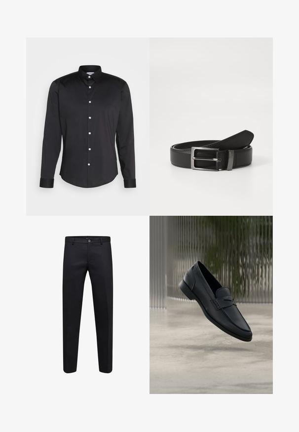 Camisa negra de manga larga hecha de tela suave, con cuello puntiagudo, cierre frontal de botones con botones blancos y puños de un solo botón.; Pantalones formales negros con cierre de botón y cremallera, corte recto y trabillas para cinturón, mostrados sobre un fondo blanco.; Zapato tipo mocasín de cuero negro con acabado liso, punta puntiaguda y detalles cosidos en la pala. Tacón bajo y diseño minimalista.; Cinturón de cuero negro con hebilla de metal plateada, que presenta un acabado suave y un diseño clásico. El cinturón está neatly doblado.