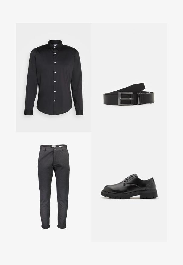 Zwarte lang-sleeve shirt van gladde stof, met een puntige kraag, sluiting met knopen aan de voorkant met witte knopen, en manchetten met één knoop.; Slim-fit donkergrijze broek gemaakt van zachte stof, met een knoopsluiting, riemlussen en omgeslagen pijpen. Gladde textuur zonder patronen.; Zwarte leren schoenen met een ronde neus, vetersluiting en een dikke, gestructureerde rubberen zool. Kenmerken zijn stiksels langs de rand en een gladde afwerking.; Zwarte leren riem met een rechthoekige zilveren metalen gesp, vlak ontwerp en een gladde textuur. De uiteinden zijn taps toelopend voor gemakkelijke threading.
