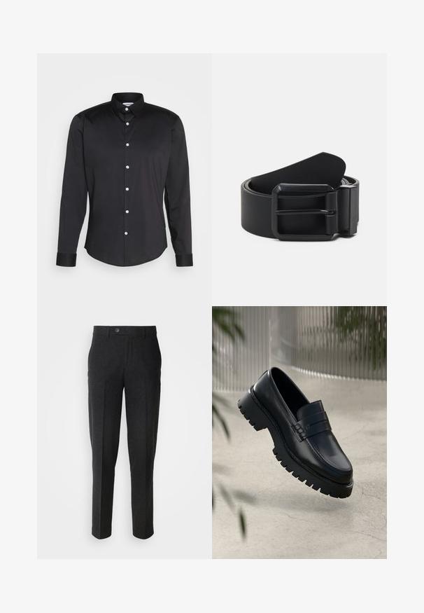 Schwarzes Langarmhemd aus glattem Gewebe, mit spitzem Kragen, vorderem Knopfverschluss mit weißen Knöpfen und Ein-Knopf-Manschetten.; Lindbergh Stoffhose - black melange; Schwarze Lederloafer mit einer robusten profilierten Sohle, ausgestattet mit einem dekorativen Riemen und einer Stichdetail. Glatte Textur mit einem polierten Finish.; Schwarzer Leder-Gürtel mit einer mattschwarzen metallischen Schnalle, die eine flache, glatte Oberfläche und ein verjüngtes Ende aufweist. Einfaches Design ohne Verzierungen.
