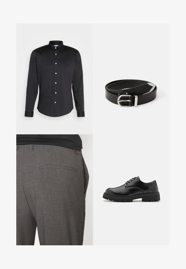 Camisa negra de manga larga hecha de tela suave, con cuello puntiagudo, cierre frontal de botones con botones blancos y puños de un solo botón.; Pantalones grises ajustados con una textura suave, que cuentan con un bolsillo trasero y un diseño slim fit. La tela tiene un patrón sutil.; Zapatos de cuero negro con punta redondeada, diseño con cordones y una suela de goma gruesa y texturizada. Presentan costuras a lo largo del borde y un acabado suave.; Cinturón de piel negra con una hebilla de metal plateado, que presenta un diseño clásico y una textura suave. Incluye agujeros para ajuste.