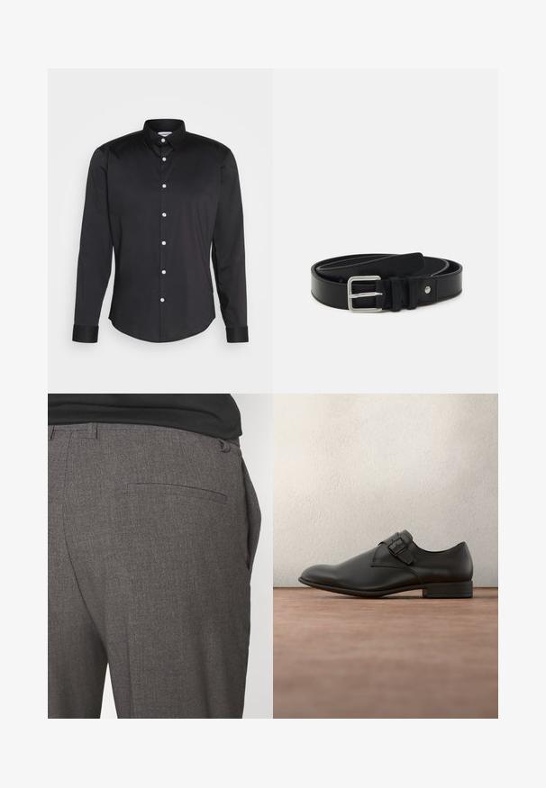 Camisa negra de manga larga hecha de tela suave, con cuello puntiagudo, cierre frontal de botones con botones blancos y puños de un solo botón.; Pantalones grises ajustados con una textura suave, que cuentan con un bolsillo trasero y un diseño slim fit. La tela tiene un patrón sutil.; Zapato de vestir de cuero negro con textura suave, punta redondeada, detalle de hebilla lateral y tacón bajo, posicionado sobre una superficie gris.; Cinturón de cuero negro con una textura suave, que presenta una hebilla de metal plateado y un único pasador. Diseño simple con sutiles detalles de costura.