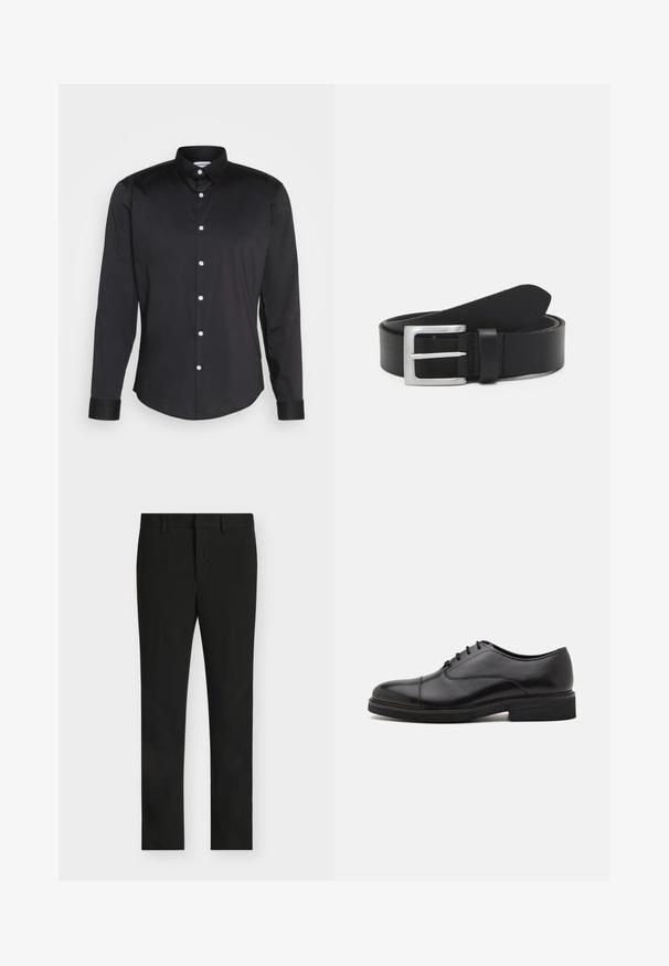 Schwarzes Langarmhemd aus glattem Gewebe, mit spitzem Kragen, vorderem Knopfverschluss mit weißen Knöpfen und Ein-Knopf-Manschetten.; Schwarze Slim-Fit-Hose mit Gürtelschlaufen, Frontreißverschluss und flacher Vorderseite, dargestellt auf hellem grauem Hintergrund.; Schwarze Lederschuhe mit runder Spitze, dezenten Nahtdetails, Schnürdesign und einer kontrastierenden schwarzen Gummisohle.; Schwarzer Leder Gürtel mit glatter Textur, silberner rechteckiger Schnalle und einer Schlaufe für das Ende. Verfügt über eine saubere Naht entlang der Kanten.